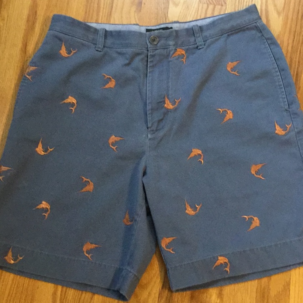 J. CREW Men’s sz 32 Shorts Embroidered Swordfish Flat Front Pockets Blue Orange